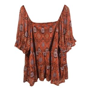Maurices Smocked Sheer Rust Orange Medallion Square Neck Peplum Top Size 4X